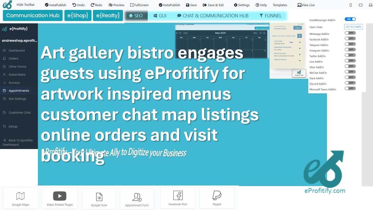 Art gallery bistro engages guests using eProfitify for artwork inspired menus customer chat map listings online orders and visit booking